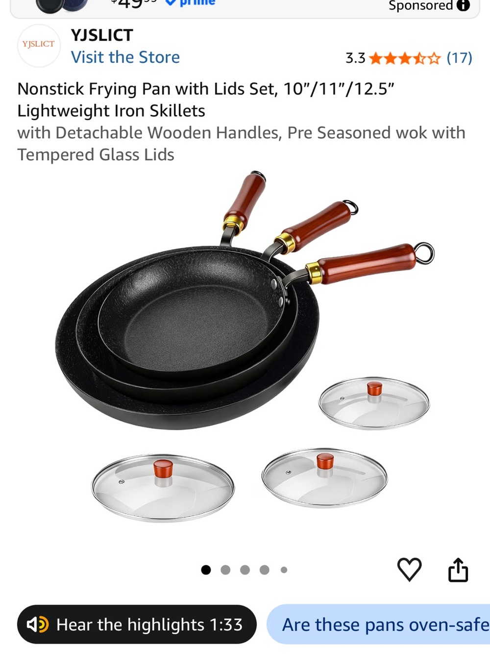 Nonstick Black Skillet Set with Brown Wooden Handles & Glass Lids - 3pc